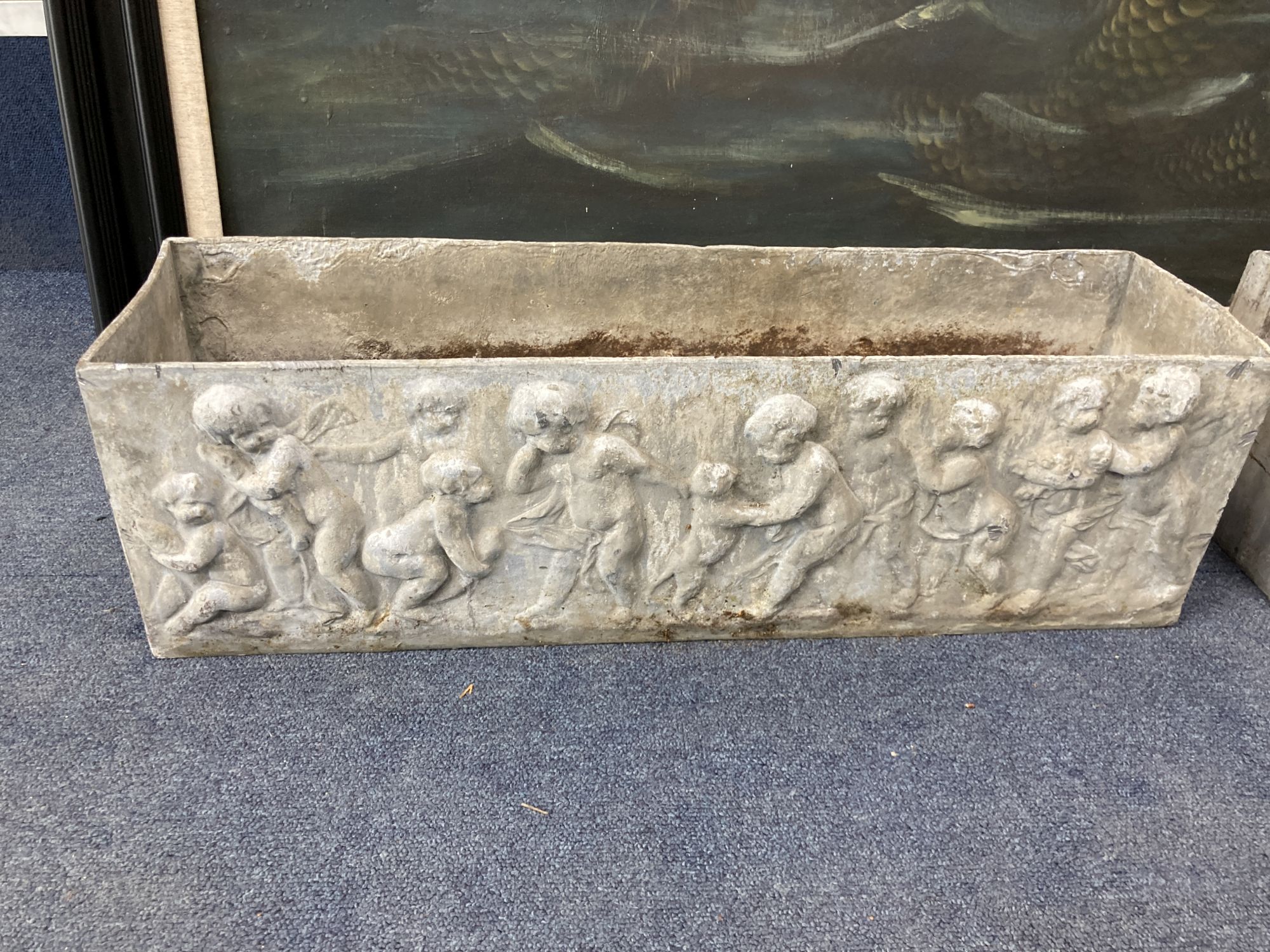 A pair of rectangular lead garden planters, width 68cm, depth 18cm, height 20cm